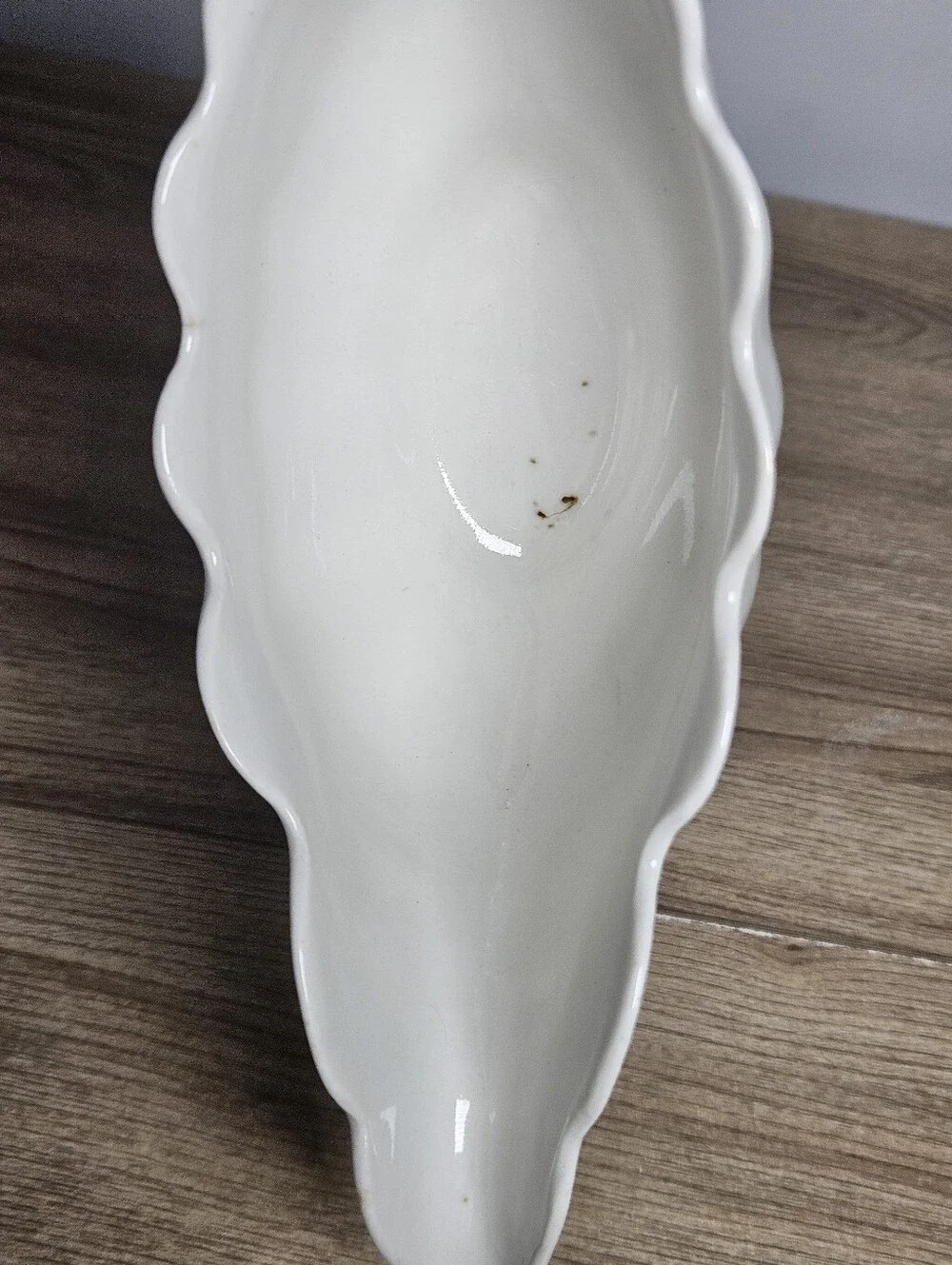 Vintage White Ceramic Gravy Boat Scalloped Embossed Scroll Handle Unmarked